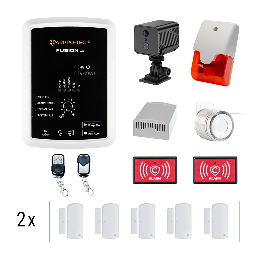 Camper Max Set: Zentraleinheit, 4G-Kamera, Außensirene, Gaswarner, zwei LED-Warnschilder und zehn Kontakte