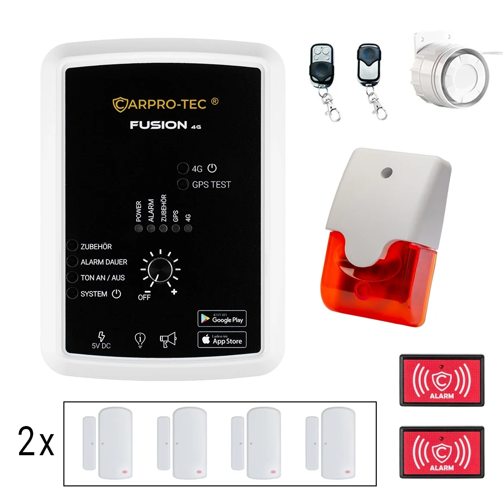 Camper Plus Set: Zentraleinheit, Außensirene, Fernbedienungen, zwei LED-Warnschilder und acht Kontakte