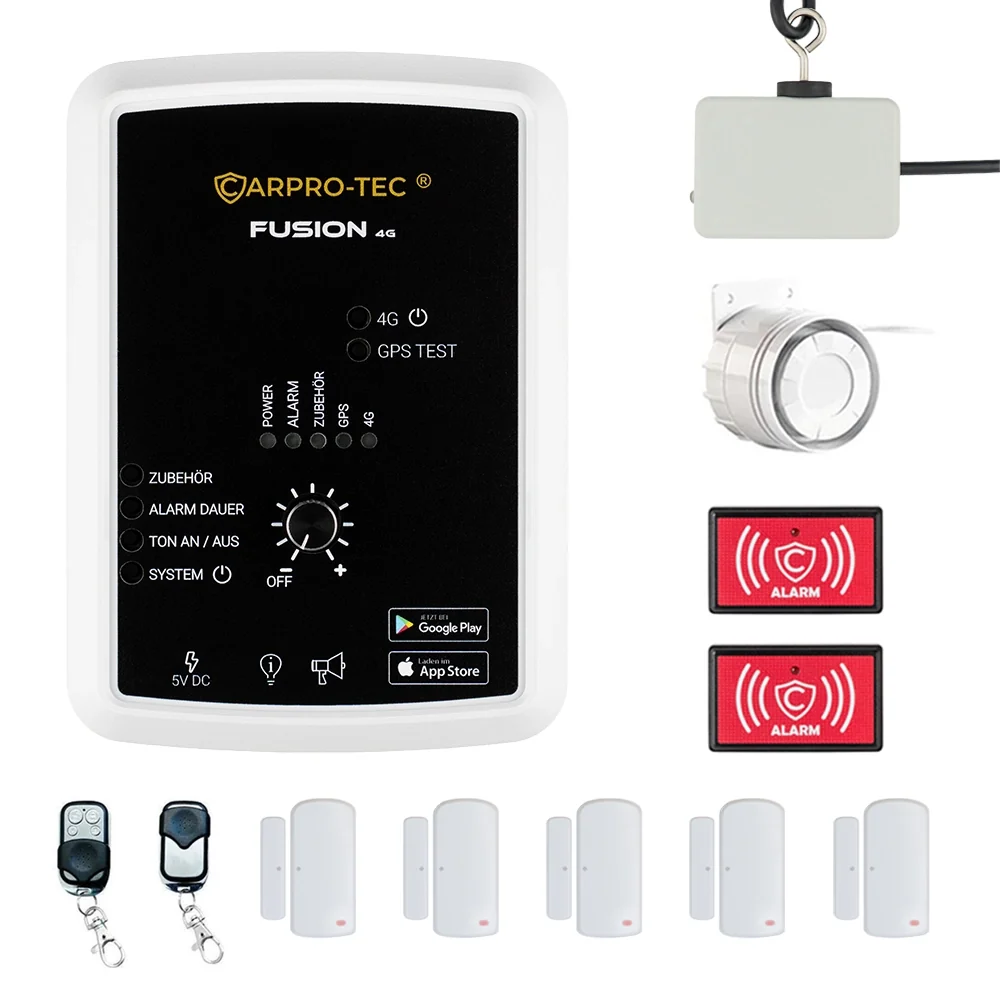 VanLife Guard Set: Zentraleinheit, Diebstahlsensor, Sirene, zwei LED-Warnschilder und fünf Kontakte